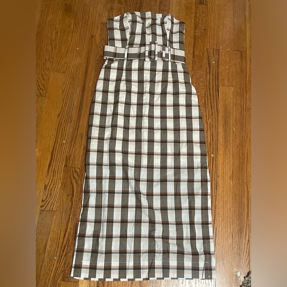Classic plaid midi pencil dress with adjustable belt.